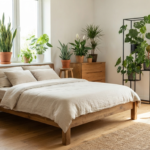 Przedstawia on przytulną i jasną sypialnię urządzoną w stylu nawiązującym do zasad biophilic design, gdzie naturalne elementy harmonijnie współgrają z wyposażeniem wnętrza