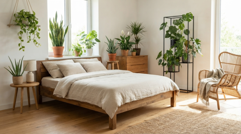 Przedstawia on przytulną i jasną sypialnię urządzoną w stylu nawiązującym do zasad biophilic design, gdzie naturalne elementy harmonijnie współgrają z wyposażeniem wnętrza